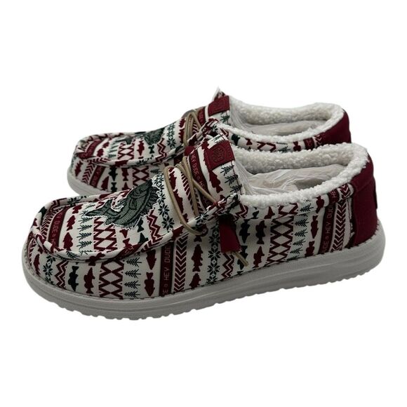 Hey Dude Wally Merry Fishmas Sweater Loafers Mens 10 Red Green Christmas Slip On